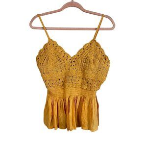Colorful Crochet Top S Yellow Scalloped Boho Indie Folk Peplum Festival Earthy
